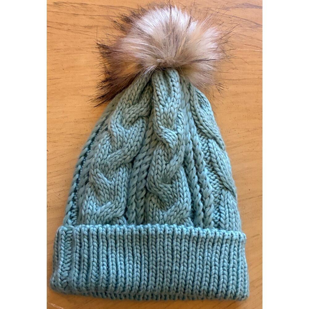 Mint Blue Chunky Cable Knit Beanie Hat Faux Fur Pom Fleece Lined David & Young